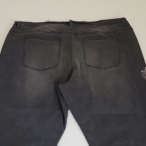 NEW 24 W boho butterfly rhinestone pearl distressed raw black stretch jeans NWT - Picture 12 of 16